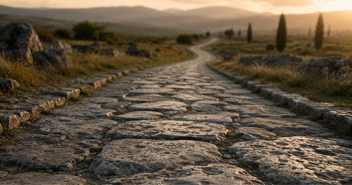 An ancient Roman road winding through the landscape at sunset